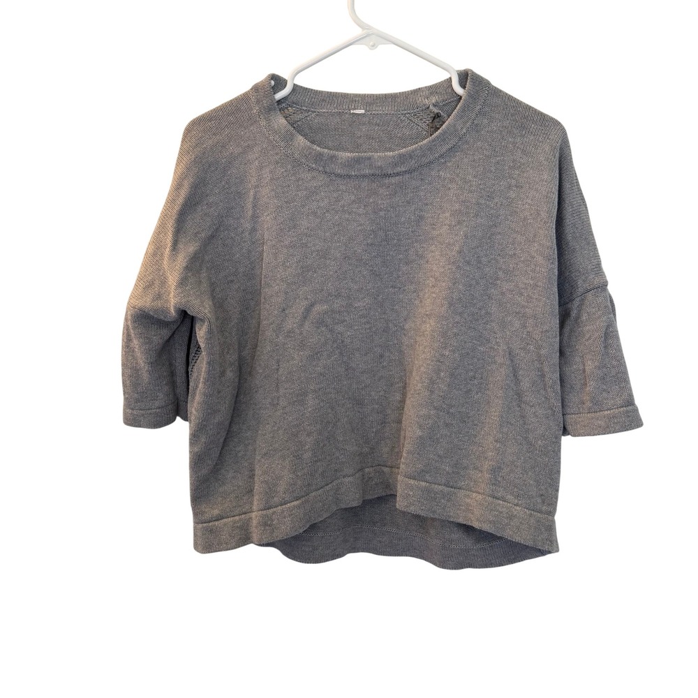 Lululemon Bhakti Short Sleeve Top Grey Knit Sweater Size L Pointelle Back Detail